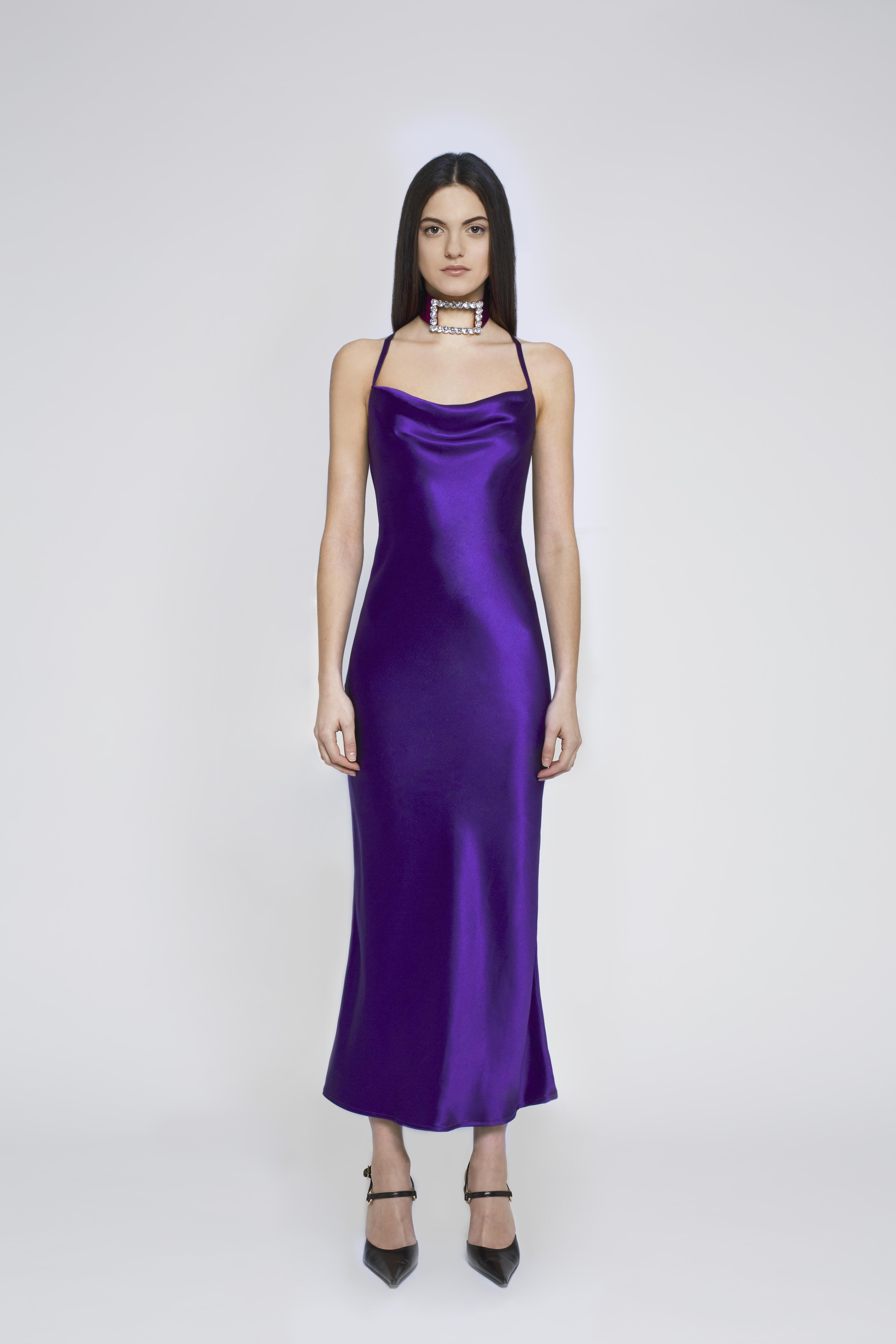 purple silk slip dress